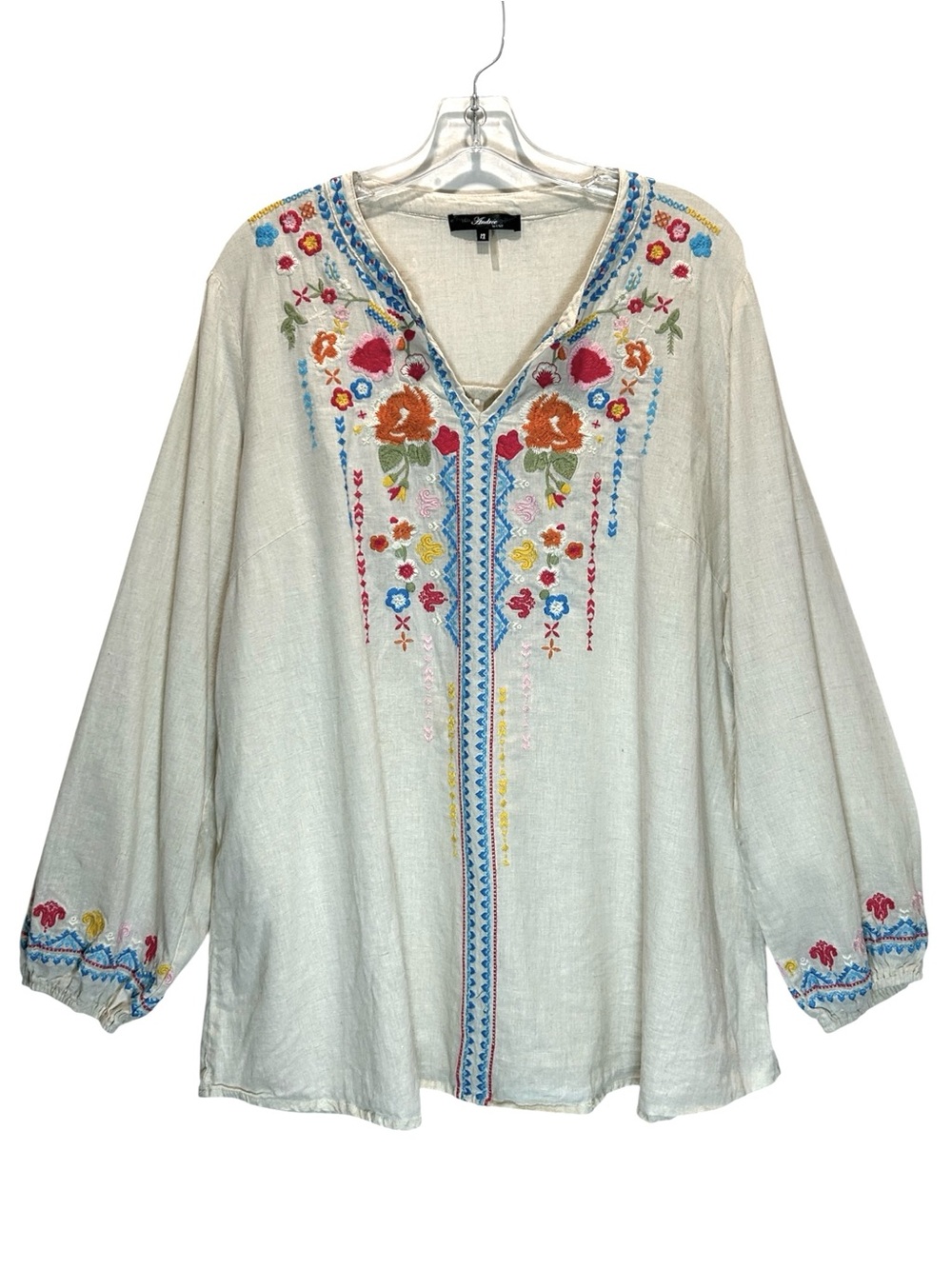 Andrée by Unit Ivory Linen Blend Embroidered Boho Peasant Tunic Top - Size 1X